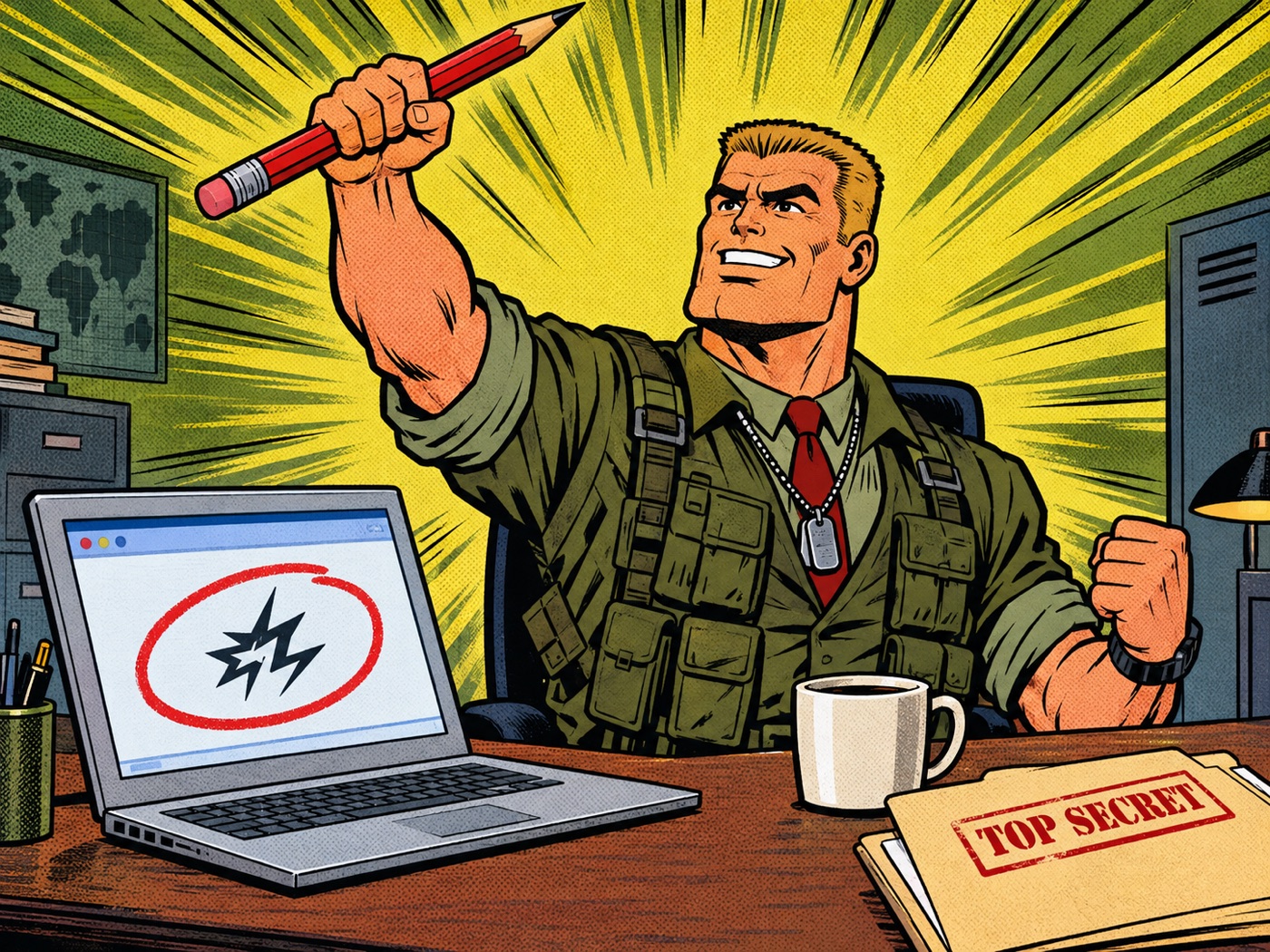 Cartoon of a square-jawed office commando at a desk, red pencil raised in triumph over a laptop showing a web page